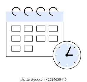 La simple representación de un calendario con un reloj en la parte inferior significa gestión de tiempo y programación. Ideal para la planificación de negocios, citas, plazos, productividad y organización. Minimalista