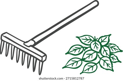 Representación simple de una cabeza de rastrillo de metal arrastrando una pila de hojas verdes frescas