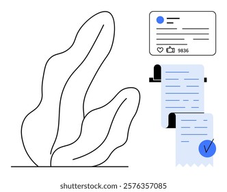 Simple depiction of a minimalist plant alongside a social media notification and a scroll of receipts or tasks with a checkmark. Ideal for social media themes, UI design, productivity applications