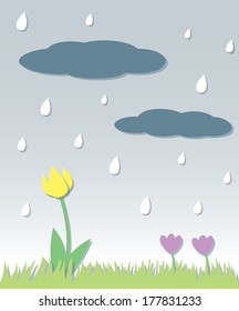 A simple depiction of rain falling on growing spring flowers. The image is seamless on each side and can be repeated horizontally.