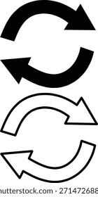 Representação simples exibindo duas setas curvas, uma preta sólida e uma contornada em preto, indicando ciclos repetidos em um plano de fundo transparente.