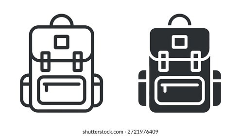 Una simple representación de dos ilustraciones de arte lineal en blanco y negro que muestran diferentes estilos de mochilas con compartimentos y correas visibles