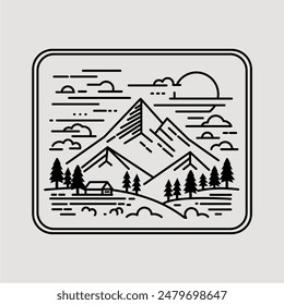 simple depictions of mountain scenes, often with minimalist elements such as mountains, trees, and sun, to create a calm and clean atmosphere.