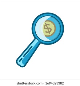 Icono de depósito simple aislado en fondo blanco. Moneda bajo lupa. Ilustración vectorial plana