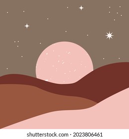 Simple desert landscape with big moon and starry night Flat vector illustration for design card, invitations, t shirt print, etc