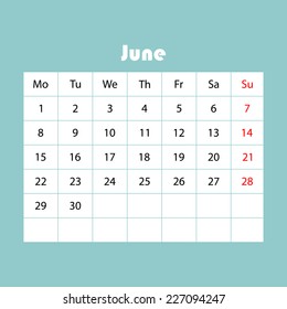Simple design 2015 Calendar, week starts with Monday (June)