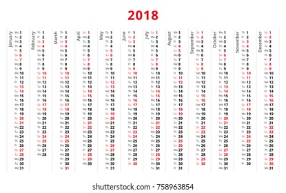 Simple design 2018 year calendar, week starts from Monday