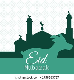 Simple design background eid mubarak al adha with goat or sheep and mosque template  