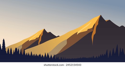 simple design background of sunny mountains in the morning with silhouettes of trees, vector illustration