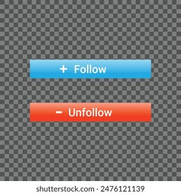 Simple design of blue follow and red unfollow buttons for social media apps and websites. Social networks user interface design. Vector illustration.