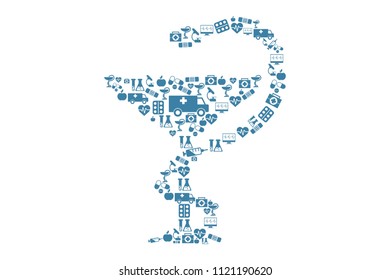 Simple design of bowl of Hygeia made of simple medical symbols and elements isolated on white background. Eps illustration.