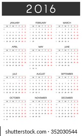 Simple design calendar 2016. The numbering of weeks.Vector illustration