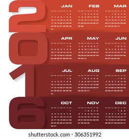 Simple design calendar 2016 year vector design template. 12 months from January-December 2016