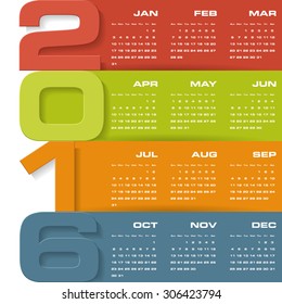 Simple design calendar 2016 year vector design template. 12 mounts from January-December 2016