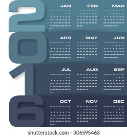 Simple design calendar 2016 year vector design template. 12 mounts from January-December 2016