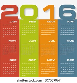 Simple design calendar 2016 year vector design template.12 months from January-December 2016