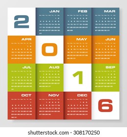 Simple design calendar 2016 year vector design template. 12 mounts from January-December 2016