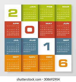 Simple design calendar 2016 year vector design template. 12 mounts from January-December 2016