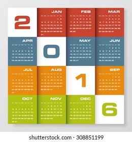 Simple design calendar 2016 year vector design template. 12 mounts from January-December 2016