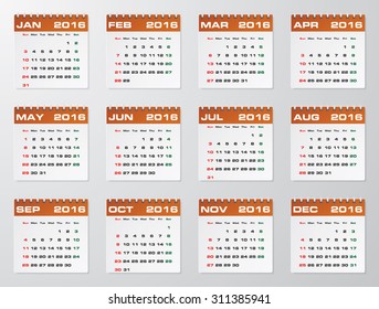 Simple design calendar 2016 year vector design template.12 months from January-December 2016