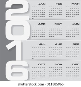 Simple design calendar 2016 year vector design template.12 months from January-December 2016