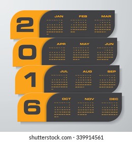 Simple design calendar 2016 year vector design template.12 mounts from January-December 2016. Black and yellow template.