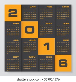 Simple design calendar 2016 year vector design template.12 mounts from January-December 2016. Black and yellow template.