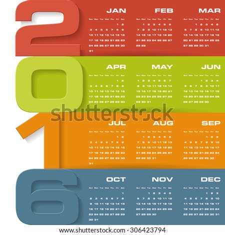Simple design calendar 2016 year vector design template. 12 mounts from January-December 2016