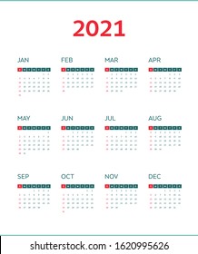 Simple design calendar 2021. Week starts on Sunday. Calendar grid for 2021. Printable vector stationary design temlate. Vector illustration. Isolated background.