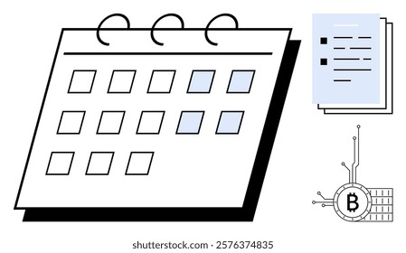 Simple design of a calendar with highlighted dates alongside documents and a Bitcoin symbol. Ideal for business planning, scheduling, organization, cryptocurrency management, and digital finance