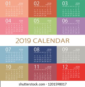 Simple design calendar template for 2019 year.
