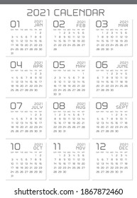 Simple design calendar template for 2021 year.