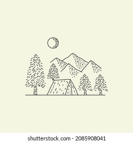 simple design camp, mountain, hike and pines trees in mono line art