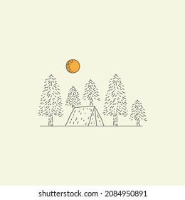 diseño simple de carpa de campamento, árboles de senderismo y pinos en arte monocline