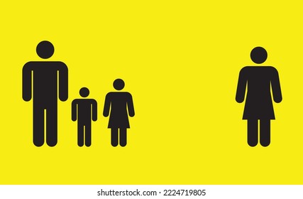 simple design of characters showing broken families with a father and kids and distanced mother. society and family issues. yellow background
