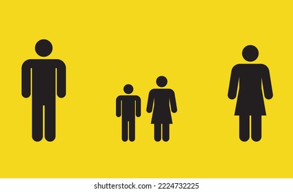 simple design of characters showing broken family with kids and distanced parents. society and family issues. yellow background