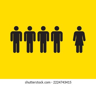 simple design of characters showing female discrimination at work with a woman and group of men distanced. society and workplace issues. yellow background