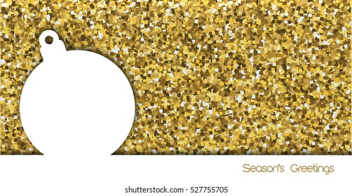 Simple design Christmas Card with white tree bauble over gold glitter background. EPS10 vector format.