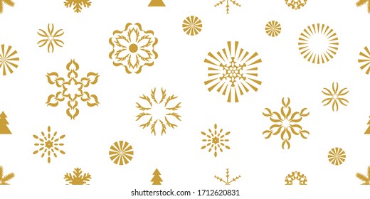 Simple design with Christmas elements. Seamless vector pattern with circles, snowflakes. Template for gift wrappings, cards, flyers. Golden on white.