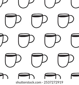 Simple design. Coffee cups seamless pattern. Outline illustration on white background.