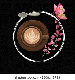 Simple design with a cup of cappucino and flower butterfly theme. For t shirt design, jacket or for coffee shop logo. 