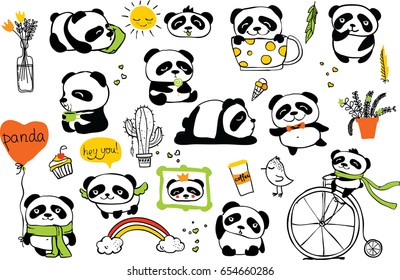 Simple design of cute pandas and other individual elements. Perfect for kid's card, banners, stickers and other kid's things.
