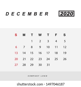 Simple design of December 2020 calendar template 
