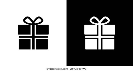 Diseño simple que representa un icono de caja de regalo con una cinta. Muestra dos variaciones: una es negra sobre una blanca y la otra es blanca sobre una negra.