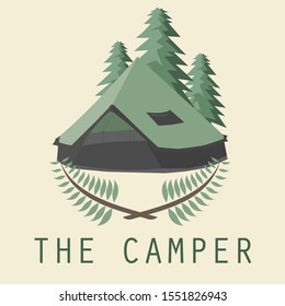 Simple design describes a tent of camper in middle of forest