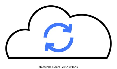Simple design displaying a cloud outline with two blue curved arrows inside, indicating data synchronization, cloud storage, and backup services. Themes: technology, data management, internet services