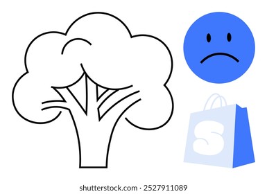 Diseño simple que muestra un emoji de cara triste en azul, un contorno de árbol y una bolsa de compras con la letra S. Ideal para la expresión emocional, temas ambientales, temas de compras, diseño minimalista