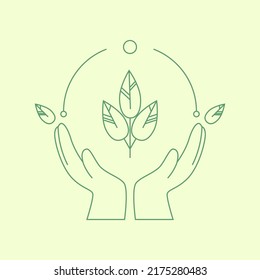 Simple design with Earth conservation concept. Contour of the hands protecting the plant