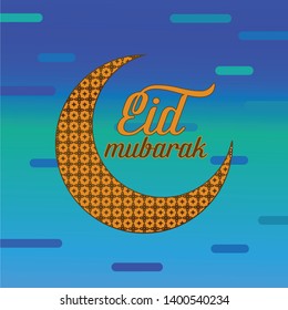 simple design of eid mubarak with blue background and moon patterned with golden flowers. - vector