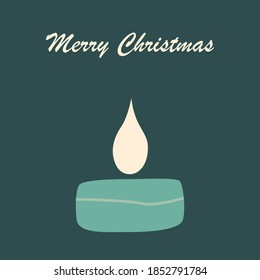Simple design element template. Christmas candle light blue in minimalist trendy style. Inscription Merry Christmas. Vector illustration on an isolated background.